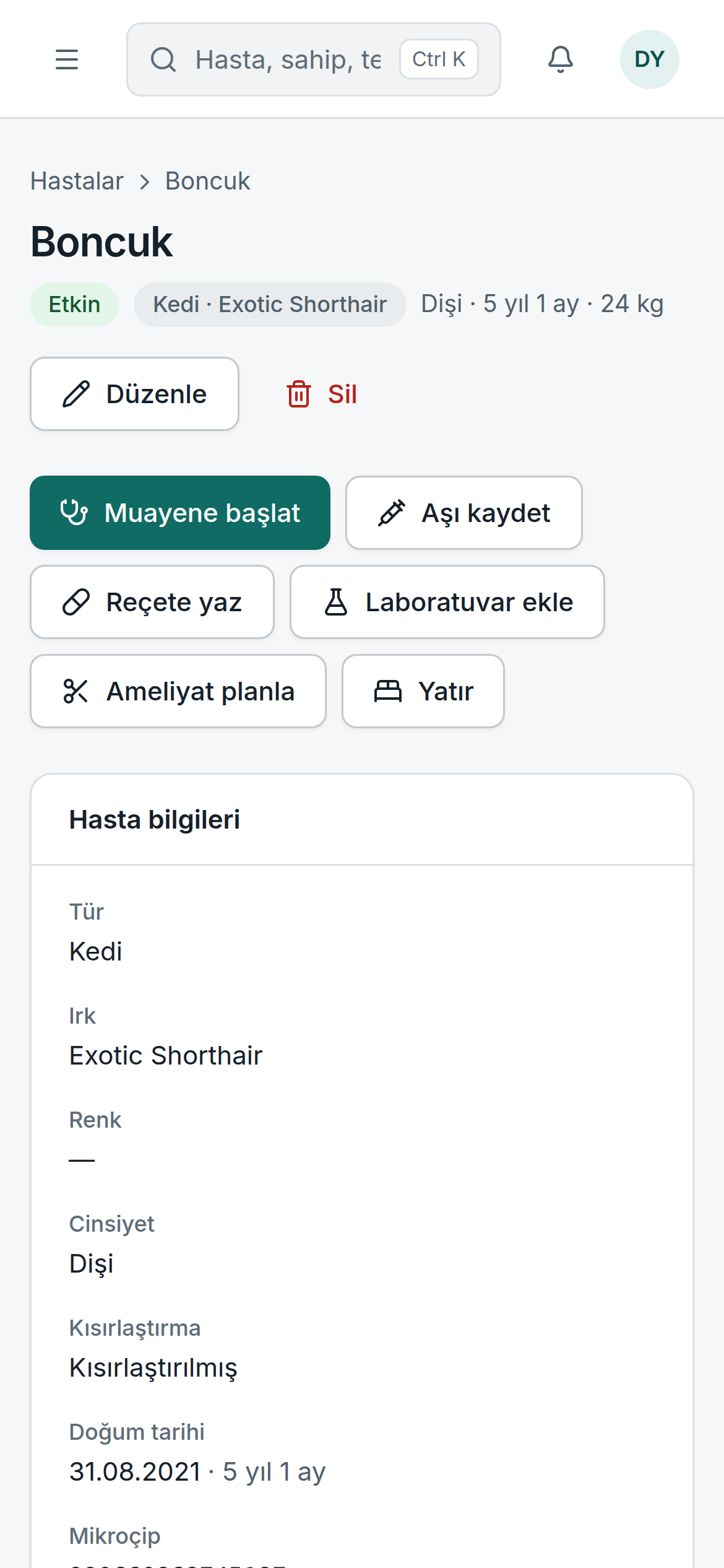 Hasta dosyası — Gerçek ürün ekranı · Örnek veriler