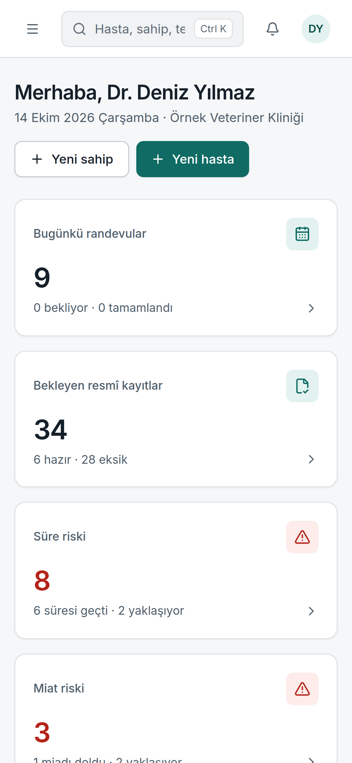 Mobil panel — Gerçek ürün ekranı · Örnek veriler