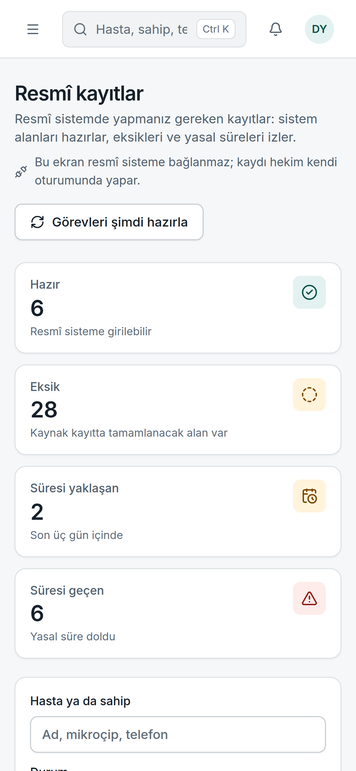 Resmî kayıt hazırlığı — Gerçek ürün ekranı · Örnek veriler